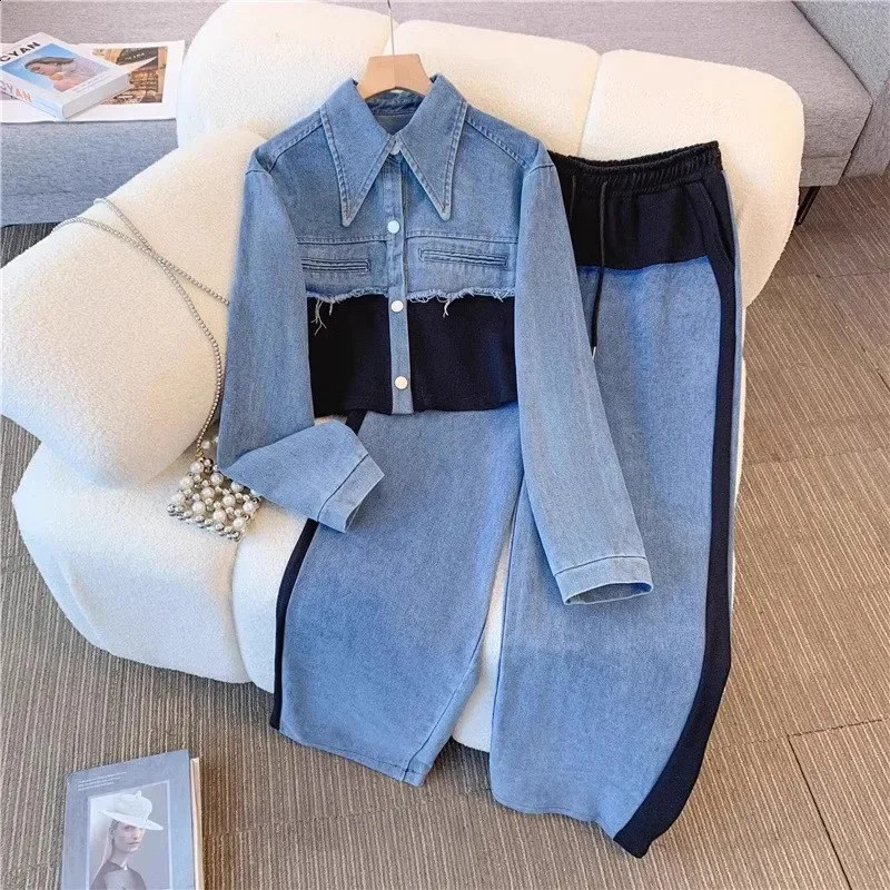 Vintage Women Patchwork Denim Jacket Pant Sets Long Sleeve Cropped CoatHigh Waist Wide Leg Pants Daily Versatile Denim Suit 250808