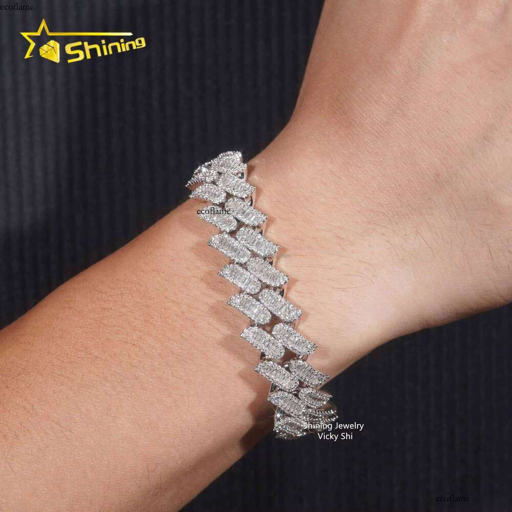 New Fashion Jewelry Rapper Hip Hop Sterling Sier Iced Out Fine Baguette Moissanite Cuban Bracelet