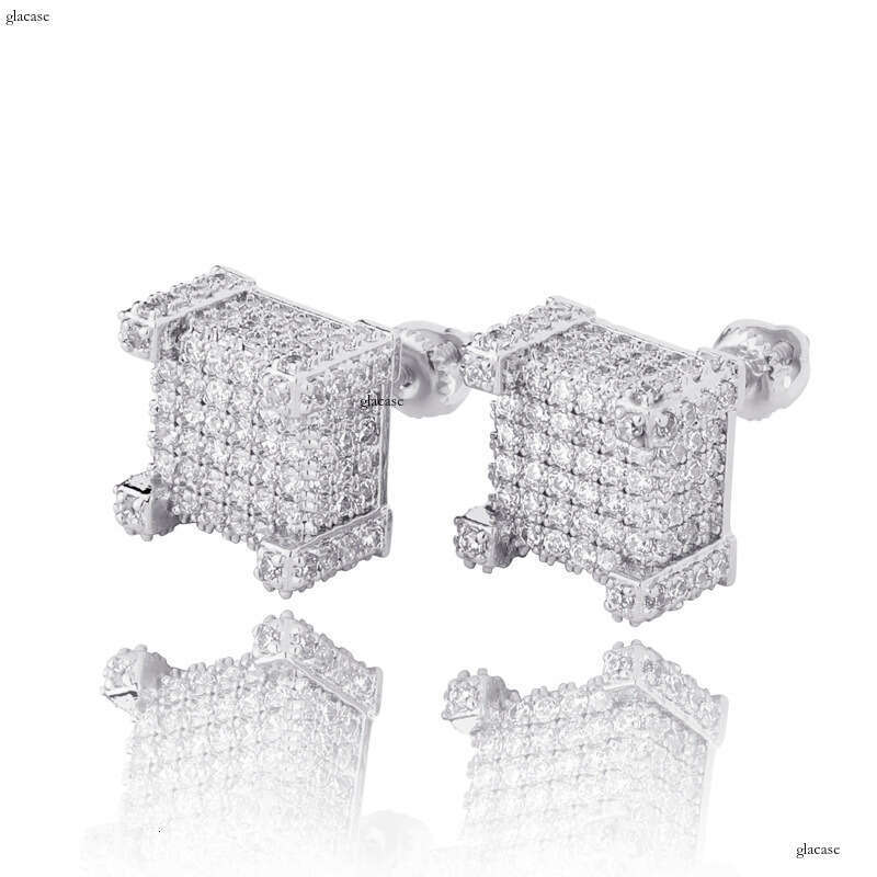 Iced Out VVS Square Three-Dimensional Pave Zircon Stud Personality Hip-Hop Unisex Versatile Earrings