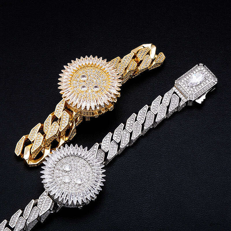 Watch Style Spring Clasp Miami Cuban Chain Full Zircon Hip Hop Punk Personality Bracelet