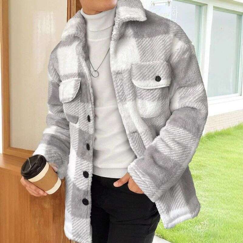 Men's Clothing Fashion Color Matching Plaid Lapel Three Dimensional Pocket Mid Length Jacket