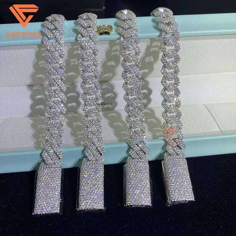12mm Link Chain 2row Dia Sterling Sier Men VVS D Moissanite Hiphop Cuban Bracelet