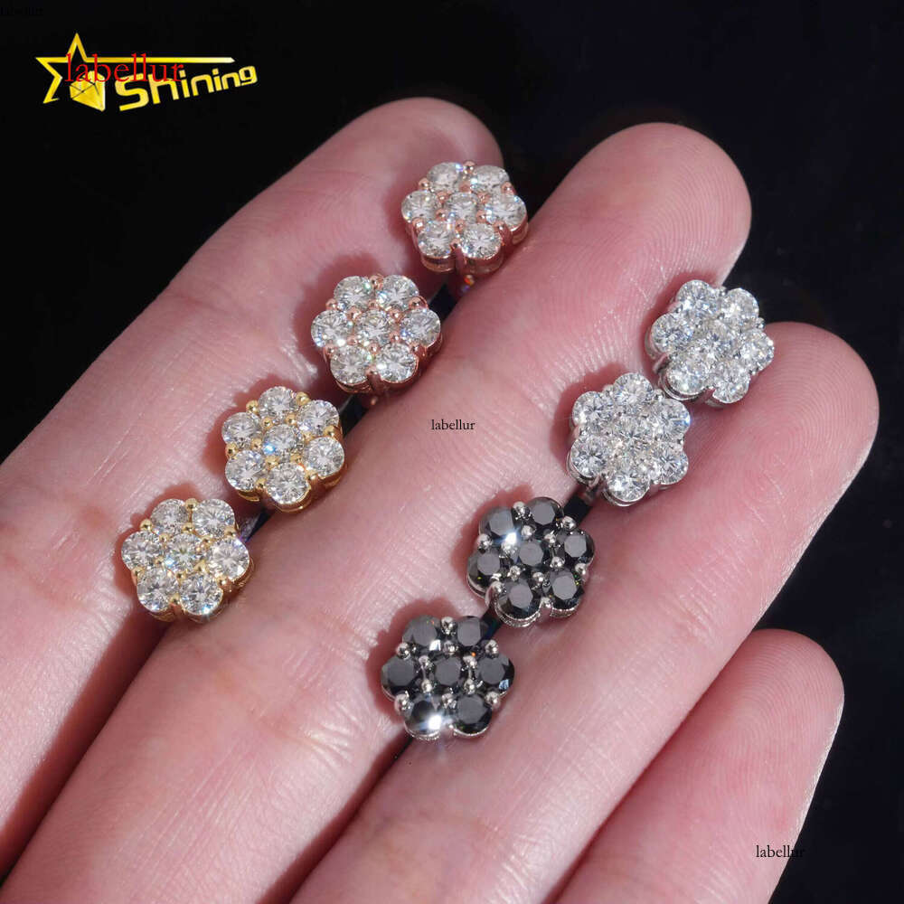 RTS Men's Hip-Hop Jewelry Sterling Sier White Black 8mm Cluster Flower Pyroxene Stud Earrings with GRA Certificate