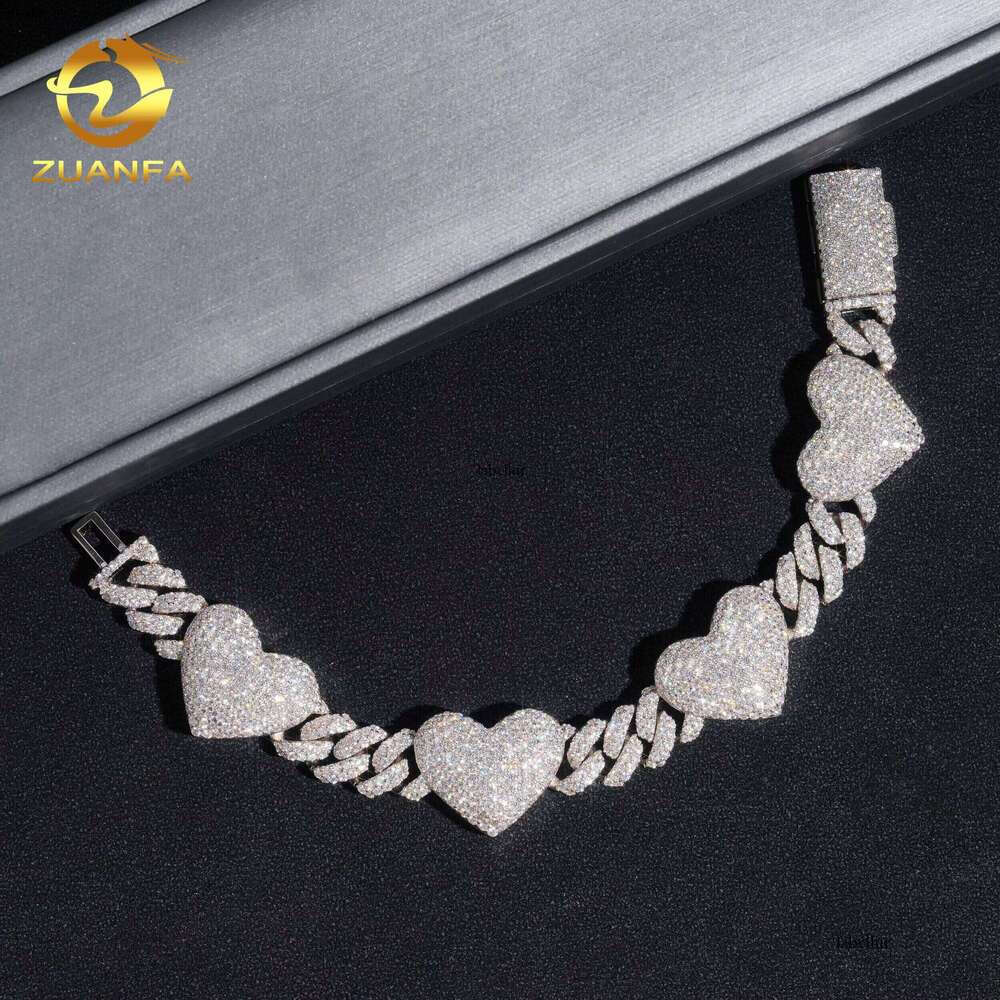 Fashion GRA Certificates Pass Tester Solid Sier 13Mm Iced Out Hip Hop Moissanite Dia Heart Link Chain Bracelet