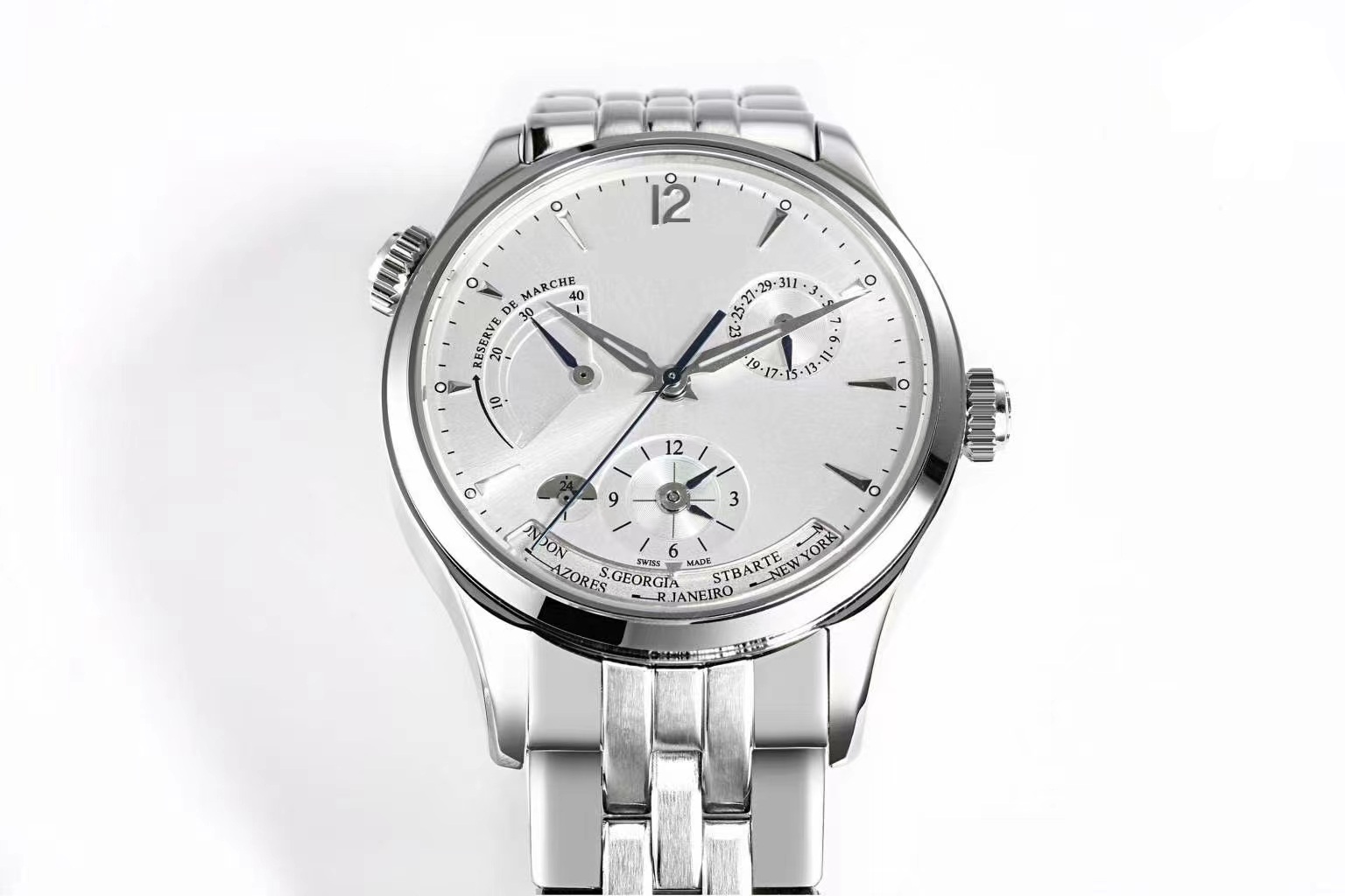 39MM multi-function men watch automatic movement top quality power reserve business wristwatch sapphire crystal bracelet travel trip Dual Time fashion