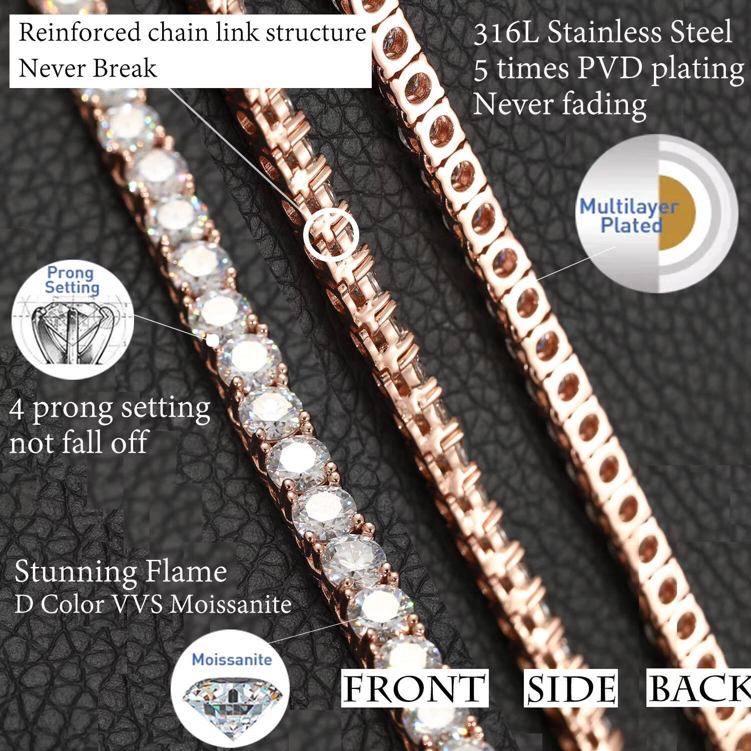 Non Tarnish Waterproof Jewelry PVD Gold Plated Stainless Steel VVS Moissanite Diamond Classic Tennis Bracelet Chain Necklace
