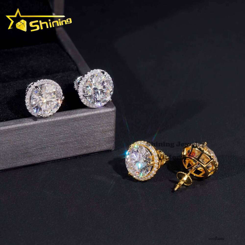 Pass Tester Hip-Hop Ice Out Jewelry Screw Back Men's Sier Gray Earrings 10mm Main Stone
