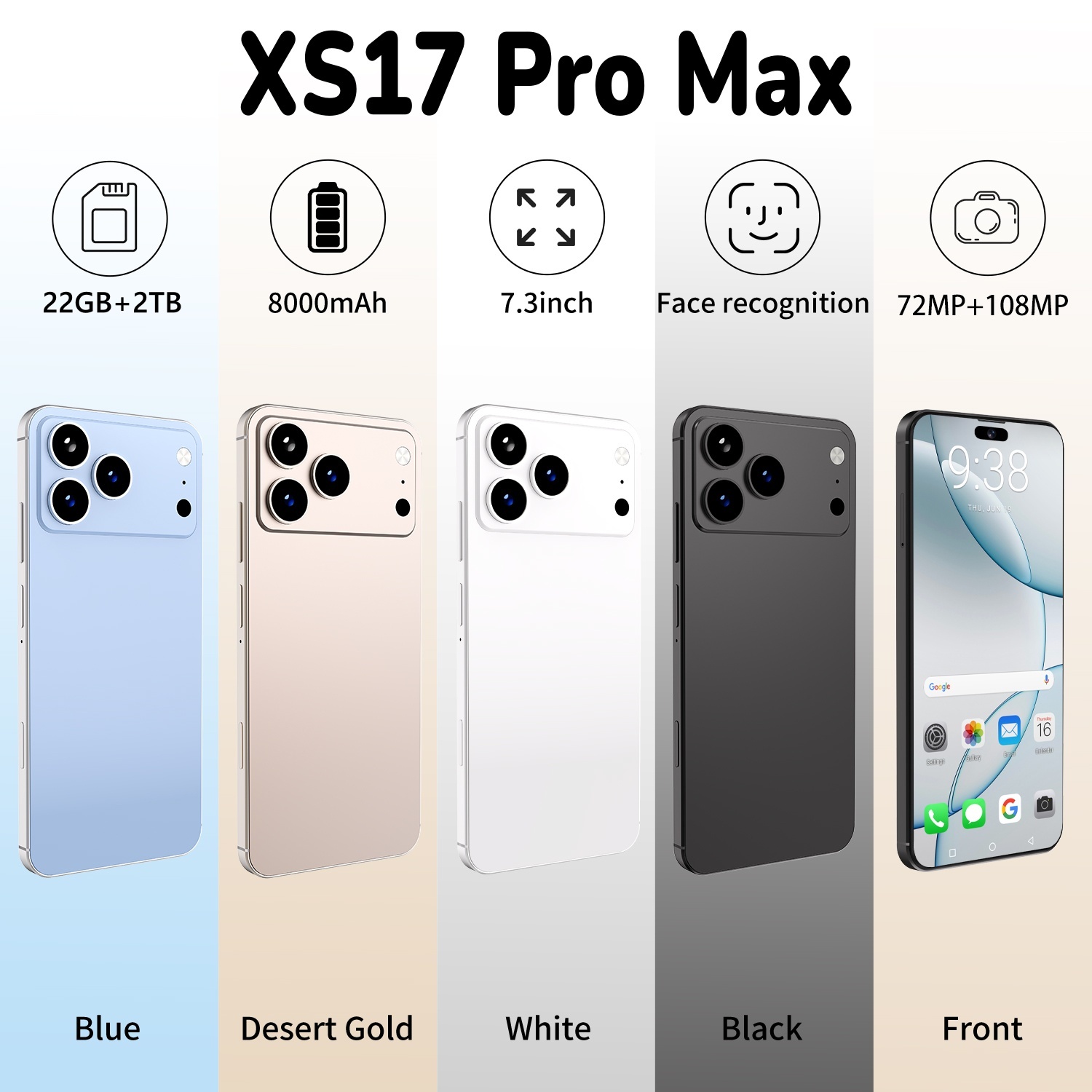 XS 17 Pro Max 5G Smart Phones 16+1TB camera face unlock full screen smartphone 7.3-inch high-definition screen phone 5G dual SIM card USB-C High-end Customization
