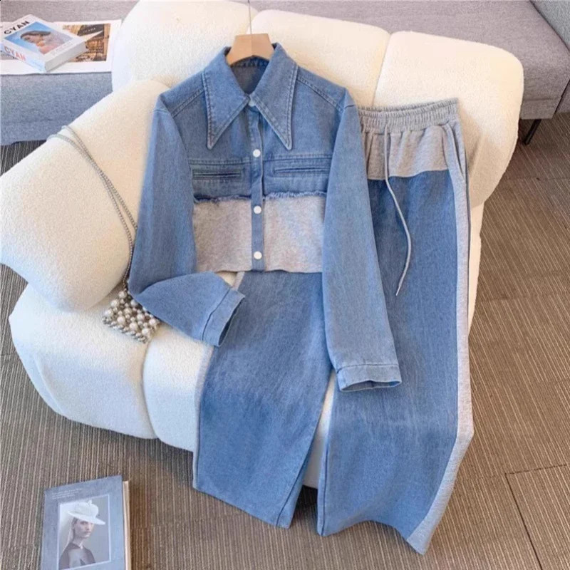 Vintage Women Patchwork Denim Jacket Pant Sets Long Sleeve Cropped CoatHigh Waist Wide Leg Pants Daily Versatile Denim Suit 250808