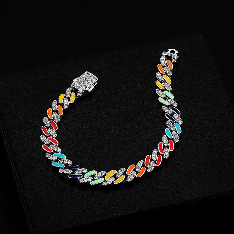 8mm New Colorful Oil Drop Mixed Moissanite chain Cuban Necklace Men's National Trend Bracelet Hip Hop Accessories