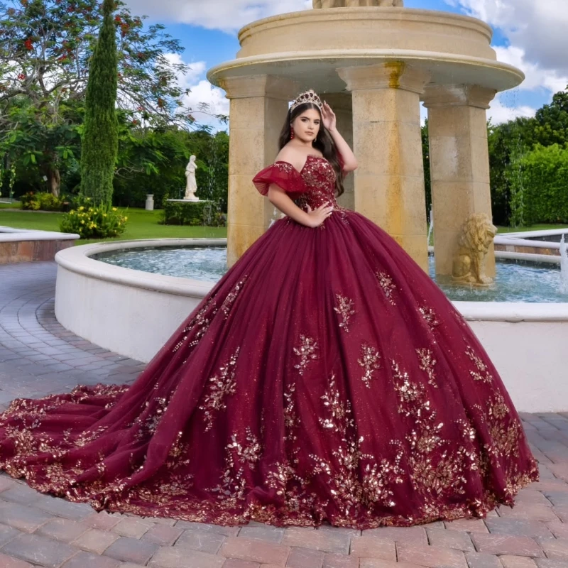 Red Quinceanera Dresses Ball Gown Off The Shoulder Applique Lace Beads Tull Party Birthday Sweet 16 Dress Vestido De 15 Anos