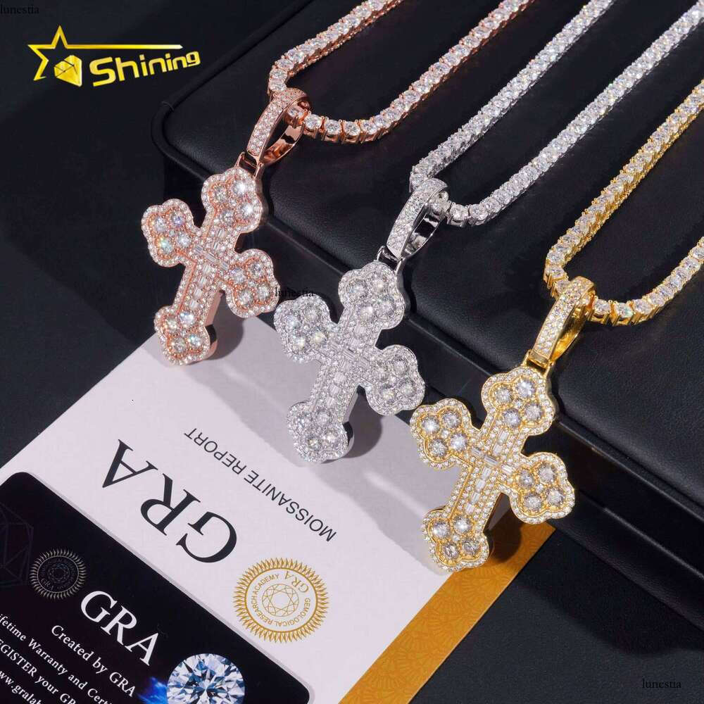 Custom Tennis Chain Sterling Sier Vvs Moissanite Hip Hop Iced Out Jewelry Fashion Cross Pendant