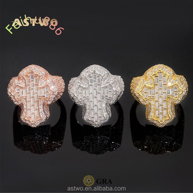 925 Sterling Silver Cross Moissanite Ring Hip Hop Baguette Cut Statement Jewelry Moissanite Hip Hop Ring