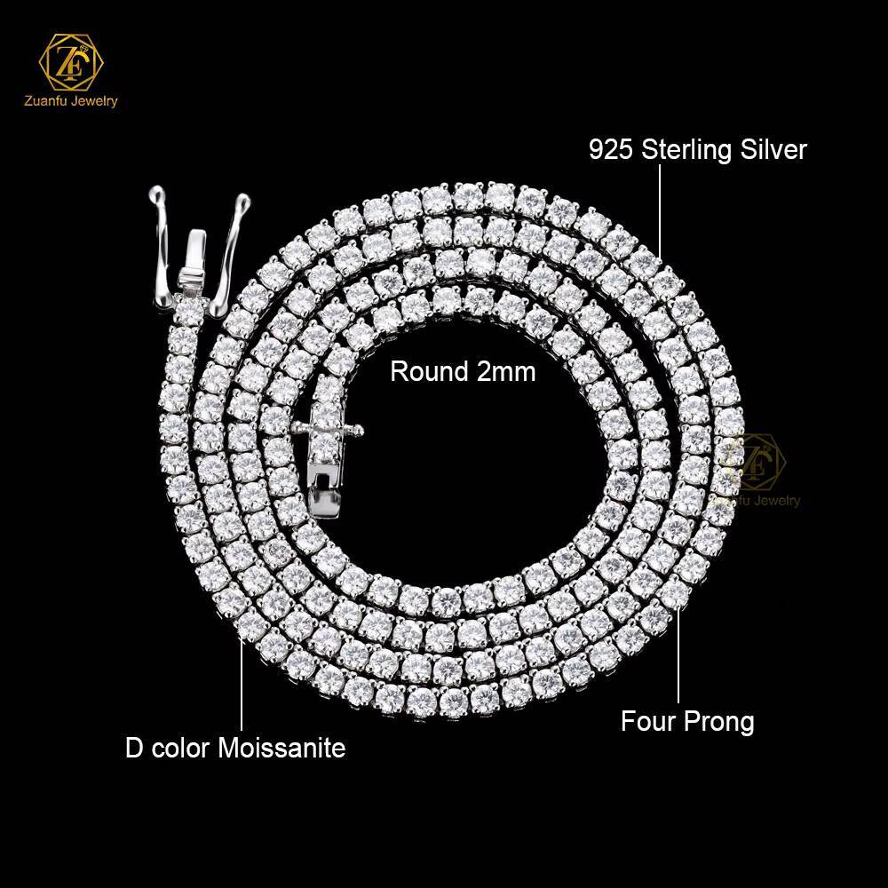 Hip Hop Jewelry High Quality VVS 925 Silver Moissanite Chain 2mm 3mm 4mm 5mm 6.5mm Moissanite Tennis Chain Necklace