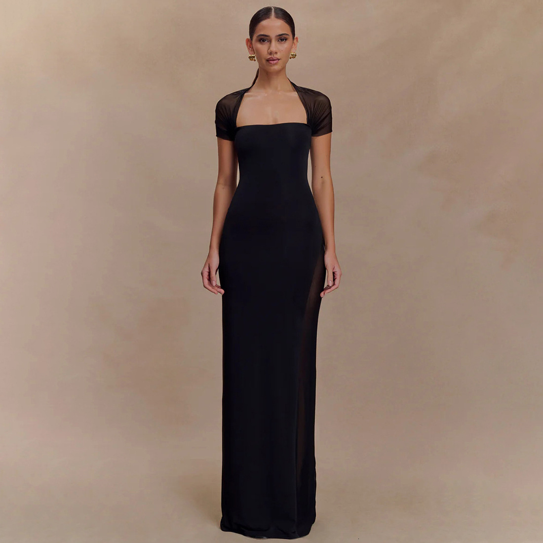 2025 Summer New Sexy Waist-Cinching Sheer Long Dress Elegant Off-Shoulder Solid Color Womens Dress