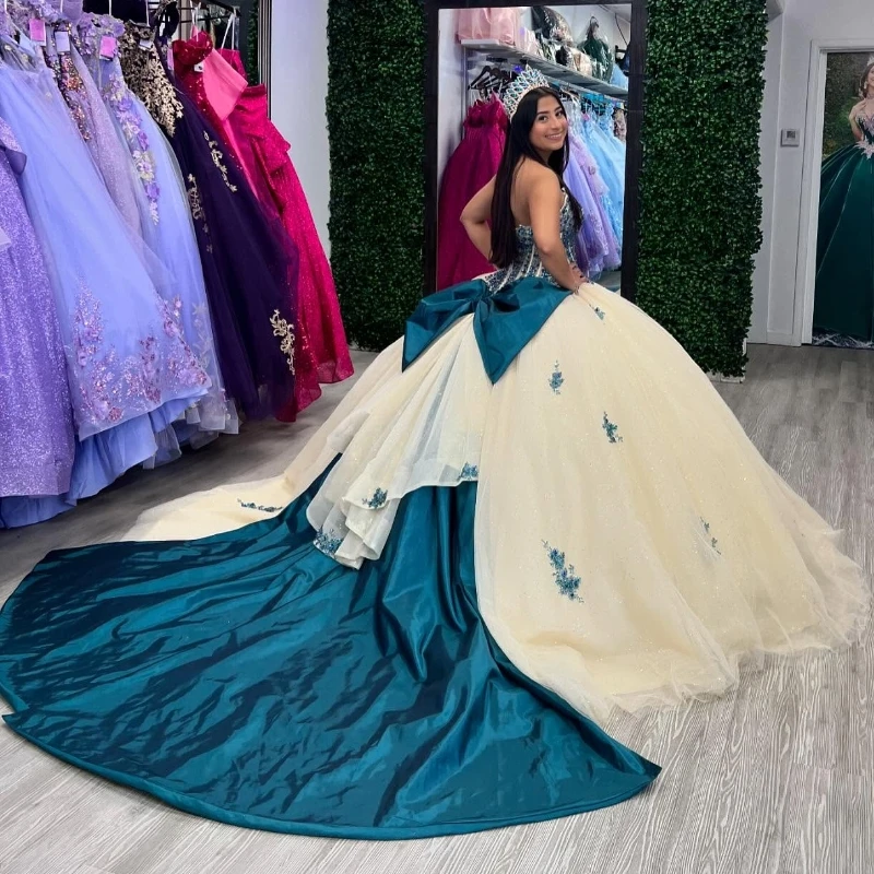 Light Champagne Quinceanera Dresses Ball Gown Off The Shoulder Applique Lace Beads Bow Tull Party Birthday Sweet 16 Dress Vestidos 15 Anos