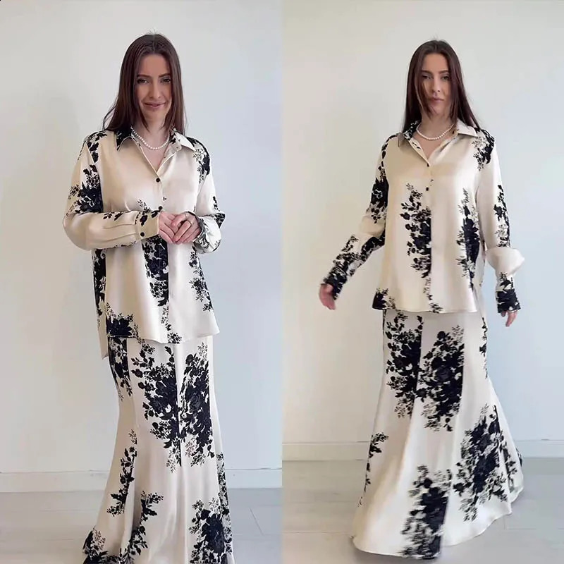 Spring Summer Satin Printed Women Loose Shirt Suits Traf Long Sleeve V Neck Blouse Female Midi Skirt Sets 250808