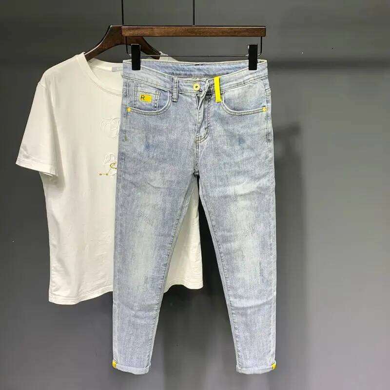 Summer Autumn Korean Designer Clothing Embroidered Slim Pencil Jeans Men Vintage Washed Casual Streetwear Cotton Trousers