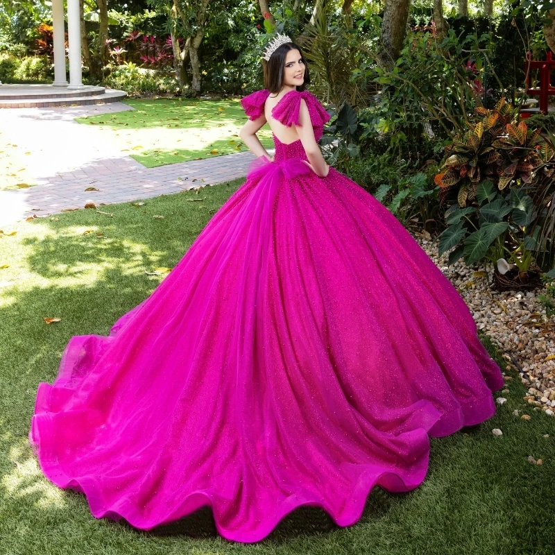 Rose Red Shiny Quinceanera Dresses Off The Shoulder Beading Pearl Tull Ball Gown Birthday Party Sweet 16 Dress Vestidos De Anos