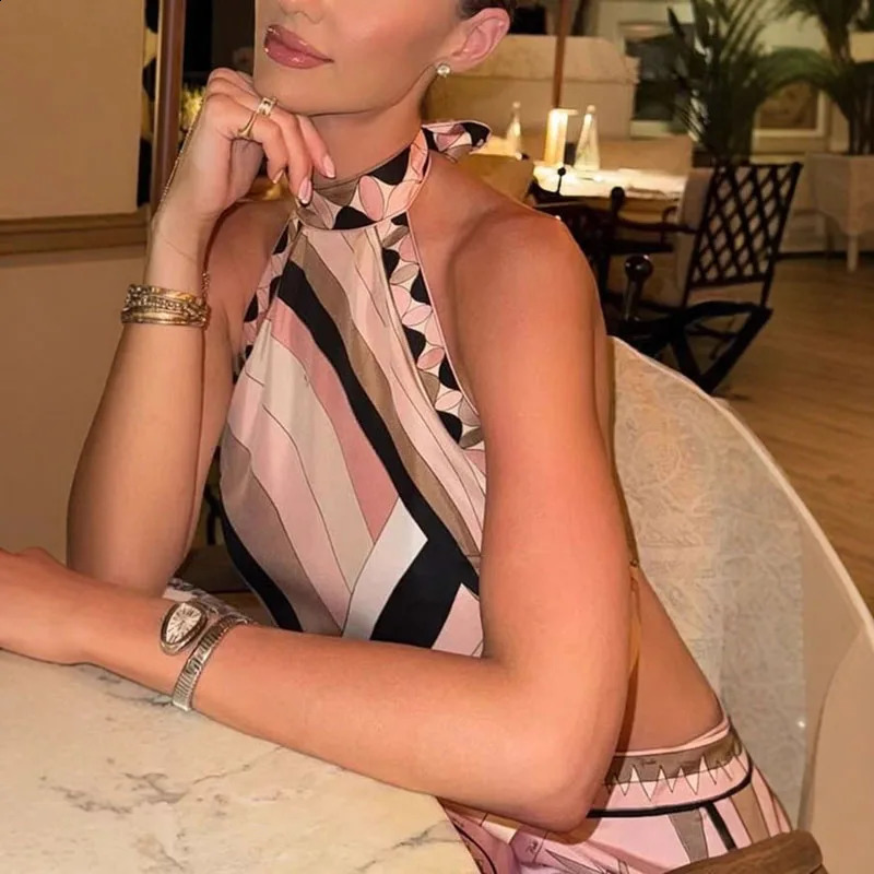 2025 Spring Geometric Print Satin Outfits Woman Sexy Halter Lace-up Backless Top Mini Skirt Sets Summer Hollow Irregular Suits 250808