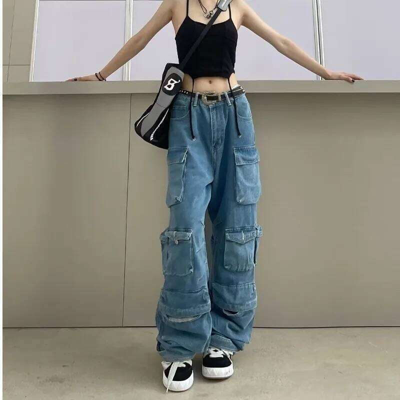 Trendy Women's Denim Workwear Street Style Black & Grey Multi-Pocket Jeans | American Casual High-Waist Functional Design
