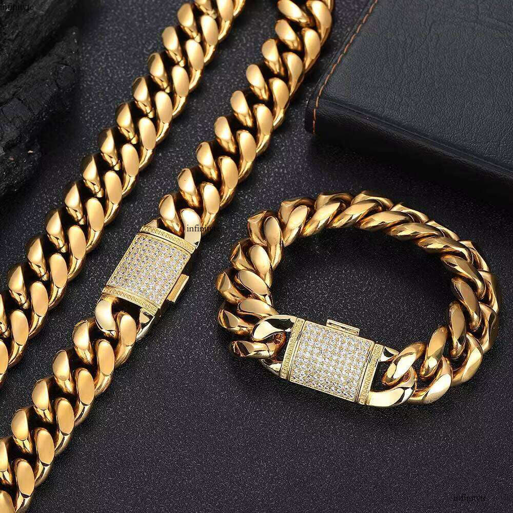 NUOYA Hip Hop Jewelry 18mm Stainless Steel Curb Chain Brass Zircon Clasp Gold Plated Miami Cuban Link Bracelet