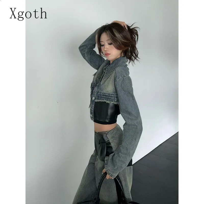 Womens Sets Leather Spliced Denim Turndown Collar Raw Edge JacketWide Leg Jeans Sweet Cool Spicy s Two-Piece Lady Clothing 250808