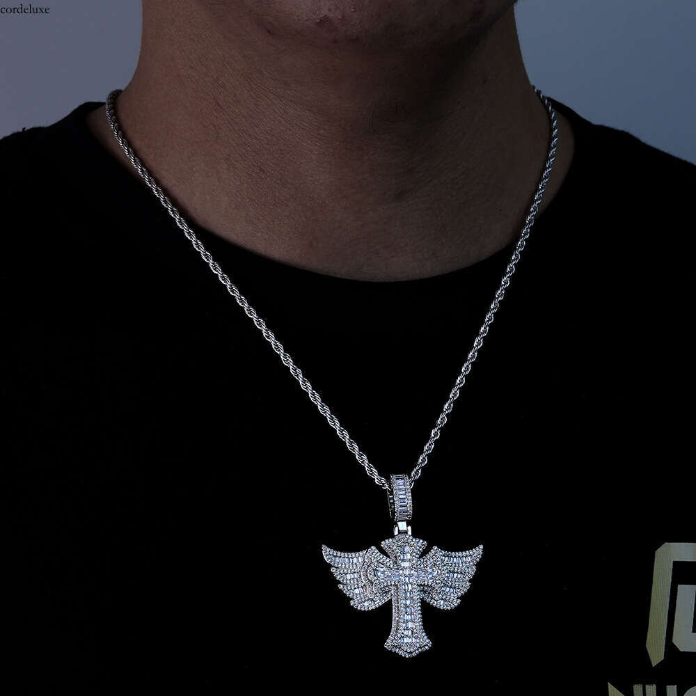 Hip Hop Angel Wings Moissanite chain Cross Pendant Necklace Fashionable Personality Trendy Men's Jewelry