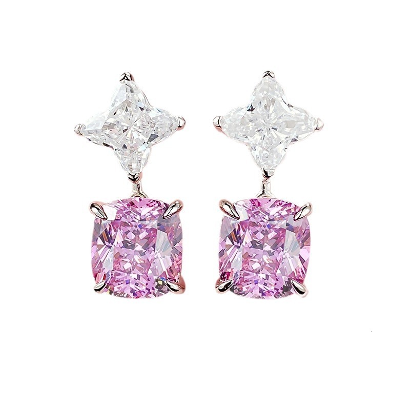 Free Shipping Designer Luxury Jewelry New S925 Sterling Silver Earrings 5A Ice Flower Cut Pink Zircon Earrings Women's Accessories