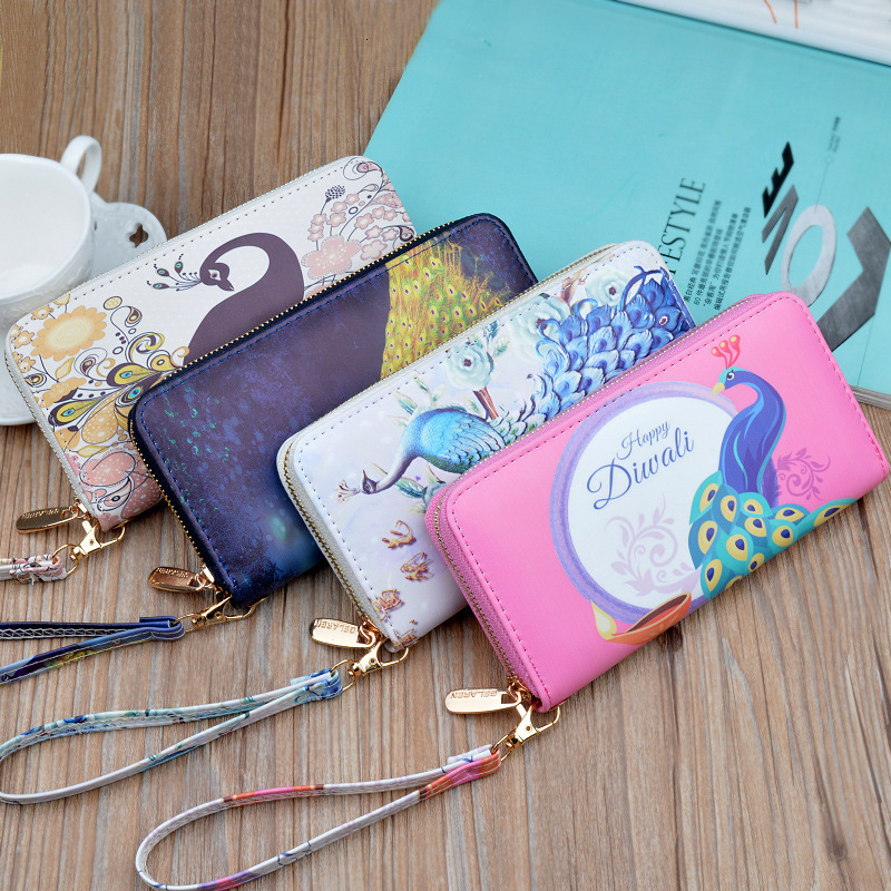 New Women's Handbag Long Zipper Designer Bag Wallet For Students Korean Style Printed Peacock Fashion Coin Purse Luxury Bag Phone Bag