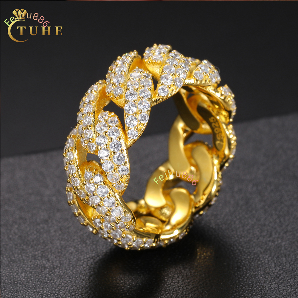 Wholesale Bling Hip Hop Jewelry Gold Plated 925 Sterling Silver VVS Moissanite Diamond Iced Out Cuban Band Ring for Men