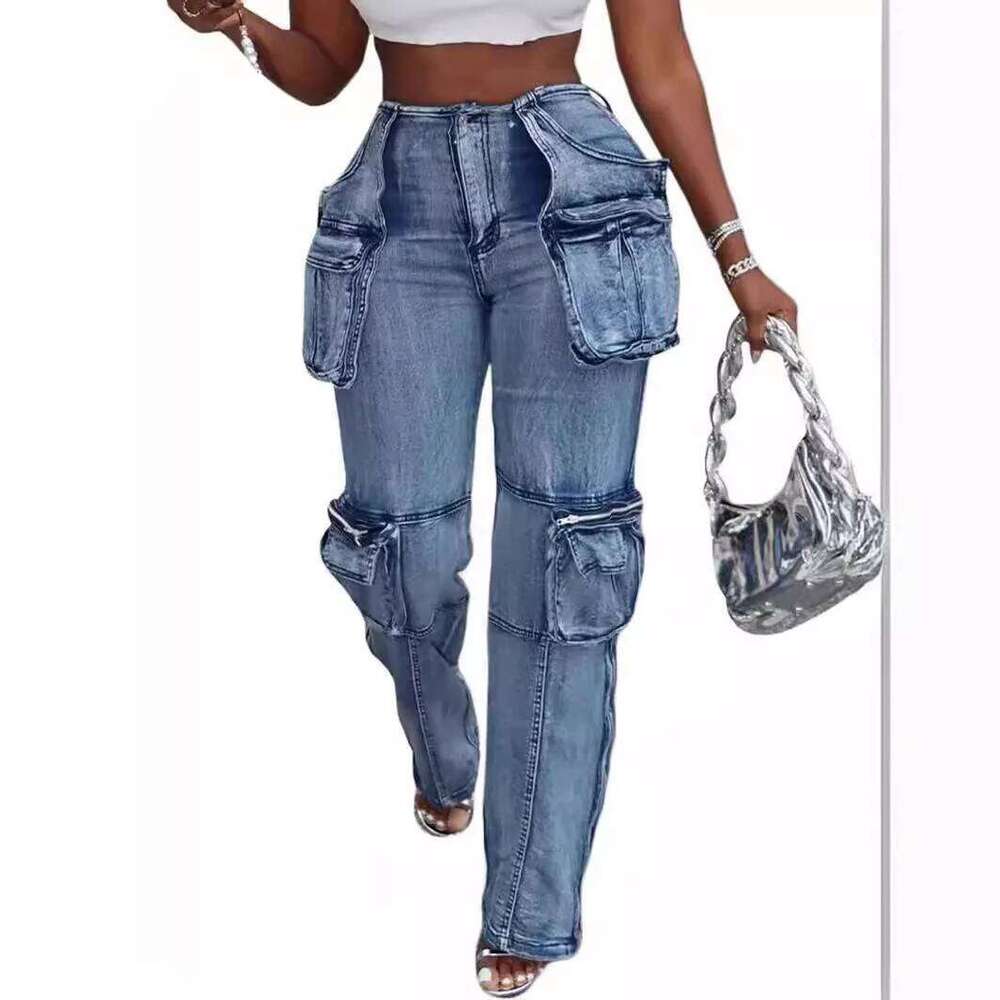 Vintage Washed Distressed Women Jeans Ankle Length Spliced Cargo Pants Denim Pockets High Waist Streetwear Loose Fit 2024