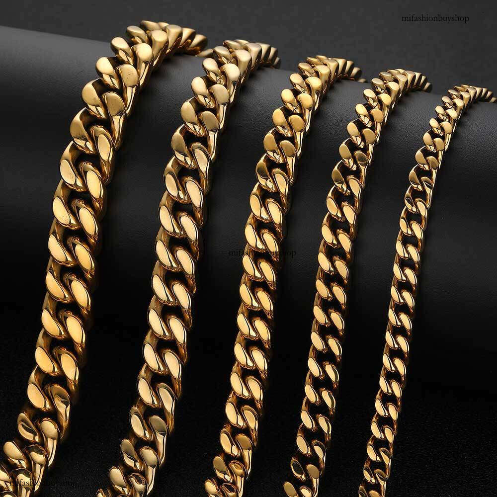 Stainless Smooth Buckle Encrypted Four-Sided Polished Cuban Real Gold Plated Hip-Hop Titanium Steel Men's Necklace
