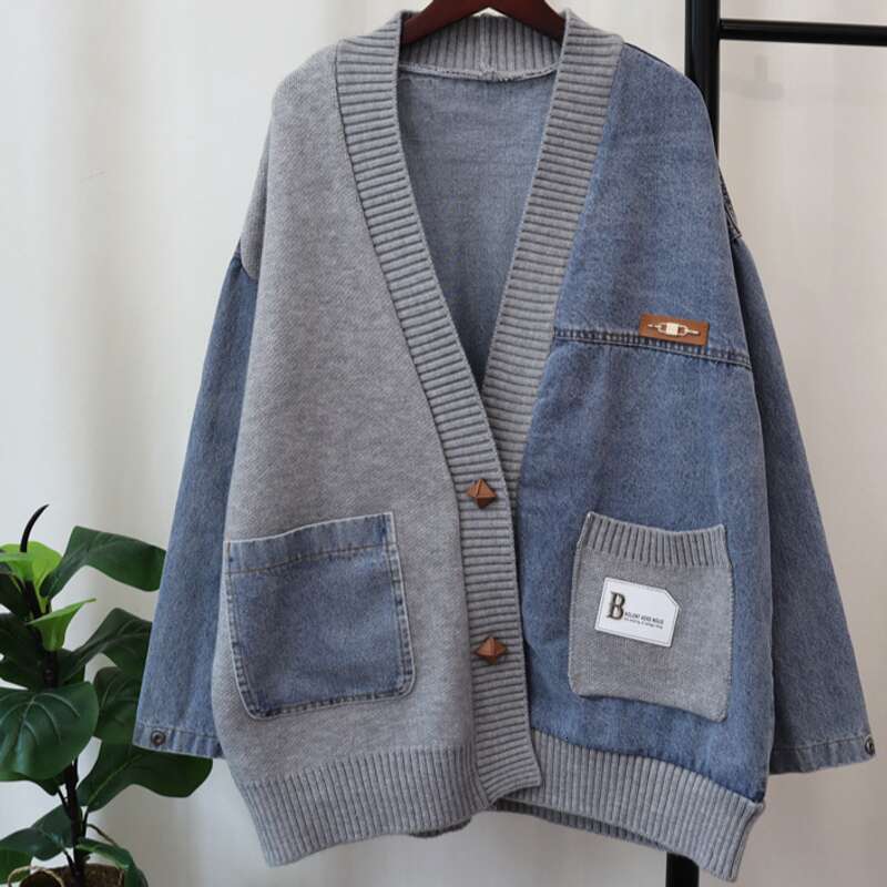Women's Clothing Loose Lazy Style Denim Splicing Design Knitted Cardigan Women's Sweater Jacket