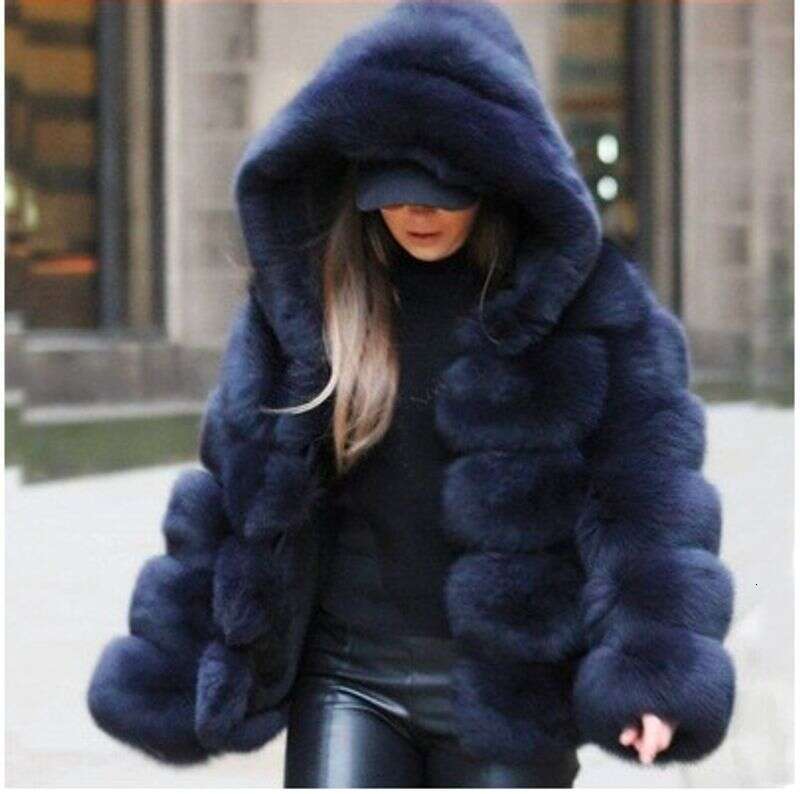 Women's thick warm long sleeve hat imitation rabbit fur coat