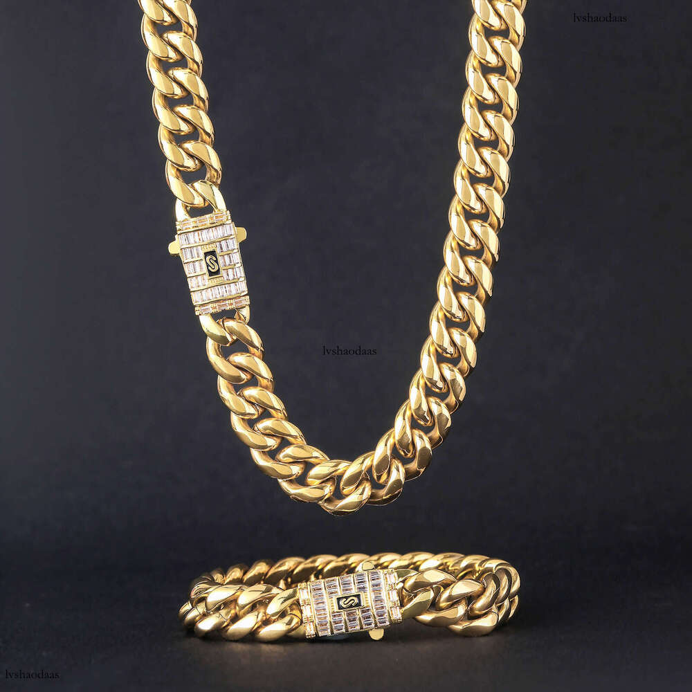 Stainless 6-14mm Cuban Chain Titanium Steel Round Polished Encrusted Moissanite chain Buckle Men's Hip Hop Necklace