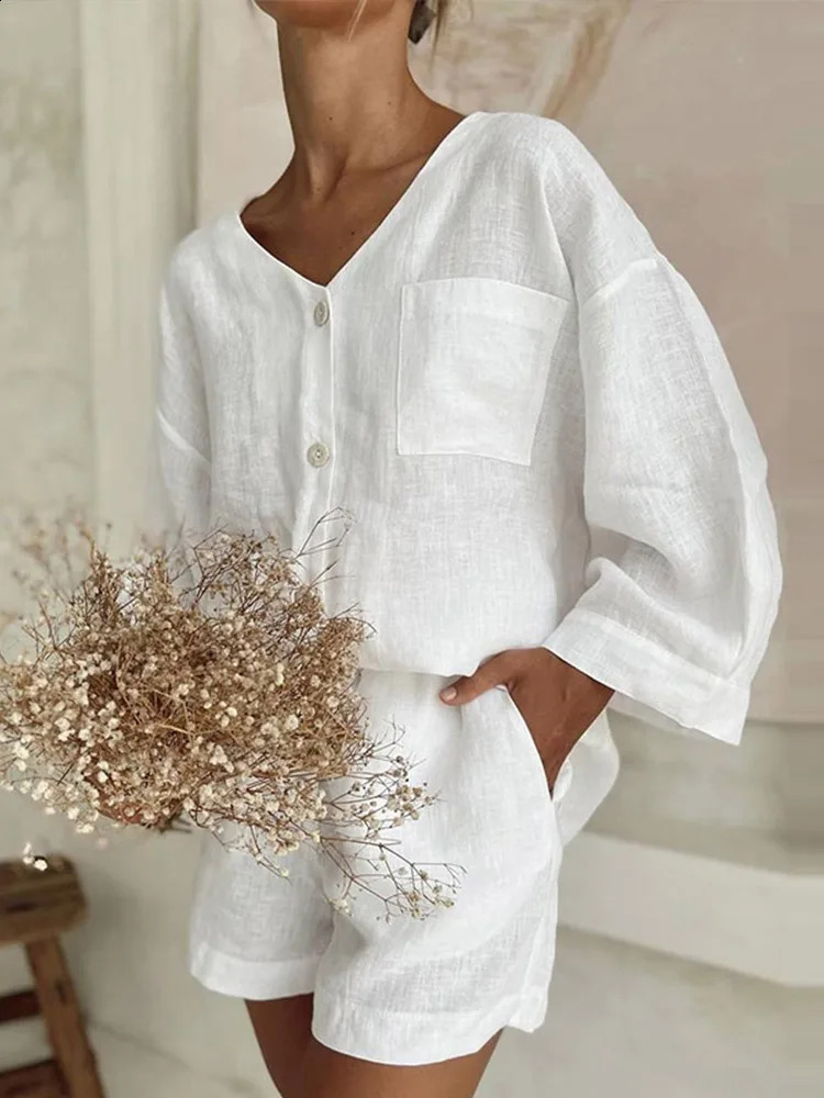 Women Loose Shorts Suit VNeck Long Sleeve Button Solid Casual Lady Sets Summer Fashion 2 Pieces Set Vacation 250809