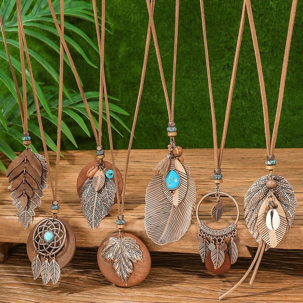 7pcs Boho Long Neckalce Set Brown Pendent Necklaces Sweater Chain Turquoise Shell Tribal Jewelry Party Decors Lifts 250805