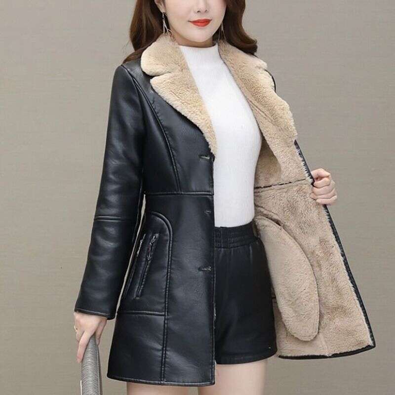 Women's Clothing Autumn And Winter Leather Plus Veet Thickened Mid Length Korean Version New Temperament Slim Fit Waist Pu Jacket Trendy