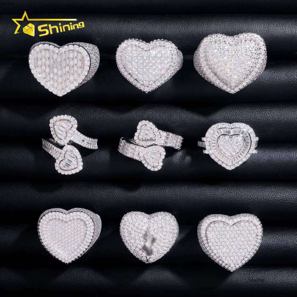 Fine Jewelry Pure Sier Gold-Plated Ice Out Men's Heart-Shaped VVS Silica Hip-Hop Ring