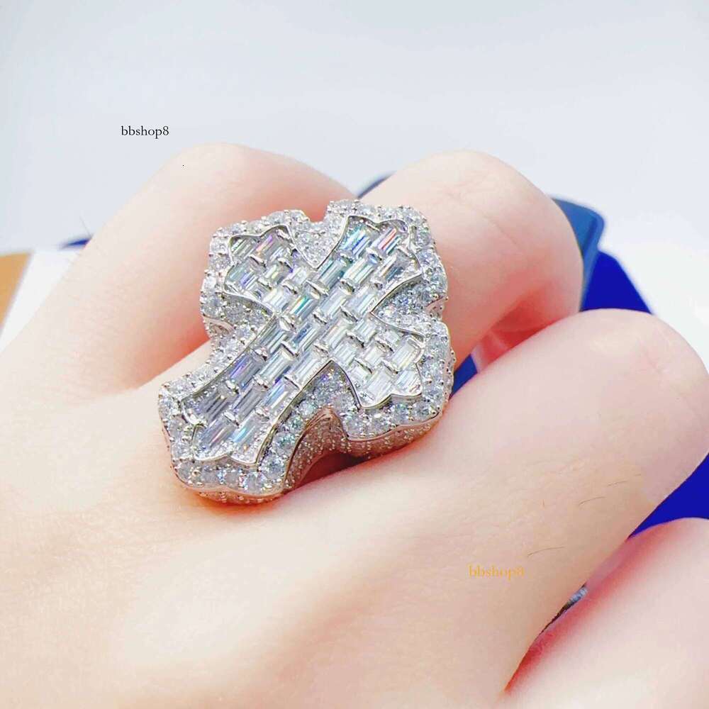 Iced Out Sterling Sier Hip Hop Moissanite Ring Men Custom Cross Finger Rings