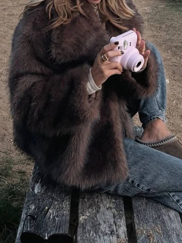 2025 Autumn Winter Casual Street Coat Women Brown Big Lapel Faux Fur Fashion Fluffy Long Sleeved Thick Warm Fury Jacket