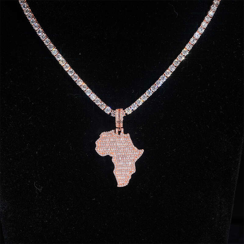 Hip-Hop Pendant Personality Map Sterling Silver Inlaid Moissanite chain Full Dia Unisex Necklace Accessory