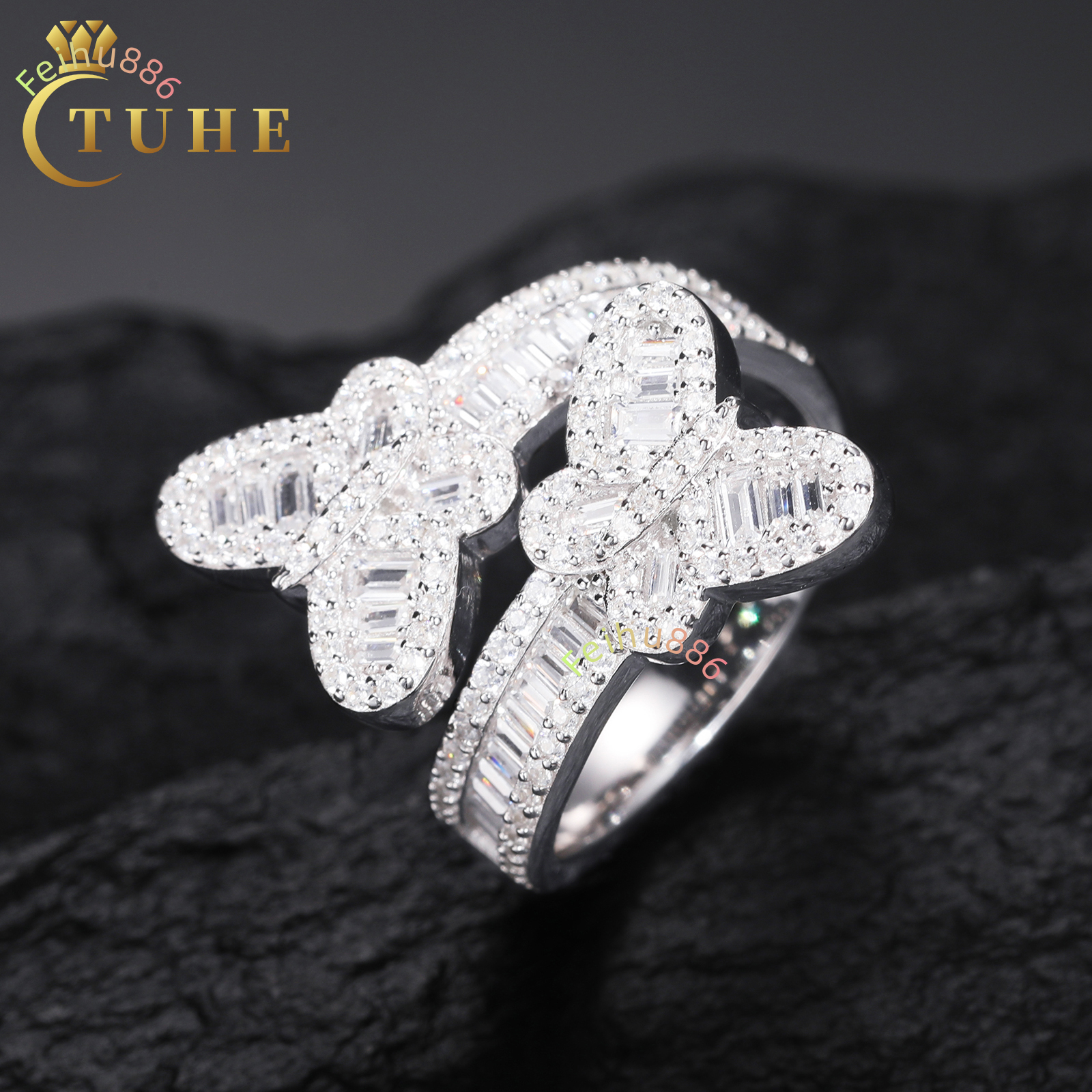 New Design Hip Hop Jewelry 925 Sterling Silver VVS Baguette Moissanite Diamond Double Butterfly Rings for Mens