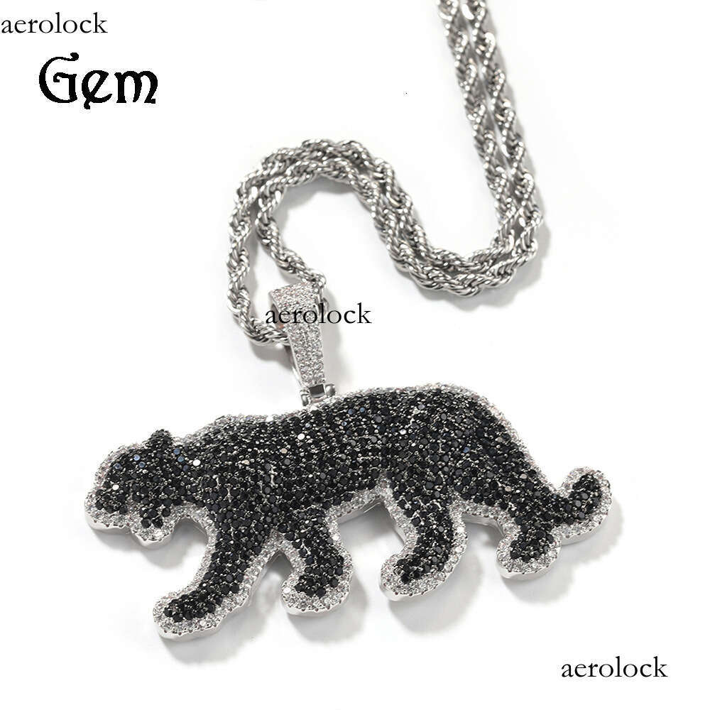 New Black Dia-Encrusted Leopard Pendant Jewelry Men's American Fashion Hip-Hop Sterling Silver Material Animal Necklace