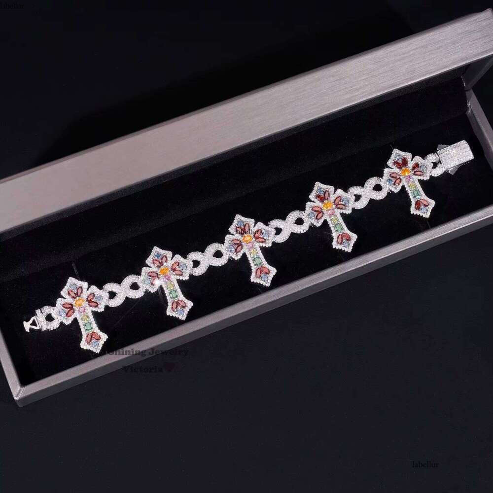 Iced Fancy Cut Colorful Silicon Cross Bracelet Sterling Sier GRA Certificate Men's Jewelry