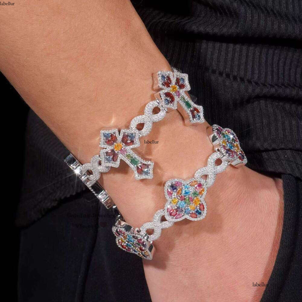 Iced Fancy Cut Colorful Silicon Cross Bracelet Sterling Sier GRA Certificate Men's Jewelry