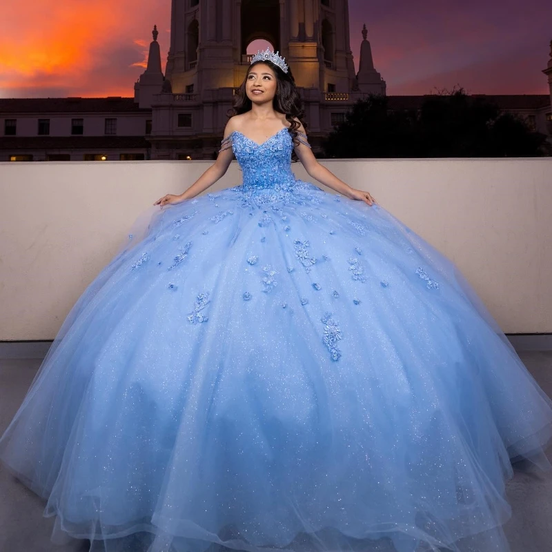 Sky Blue Quinceanera Dresses Ball Gown Off The Shoulder Applique Lace Tull Party Birthday Sweet 16 Dress Vestido De 15 Anos