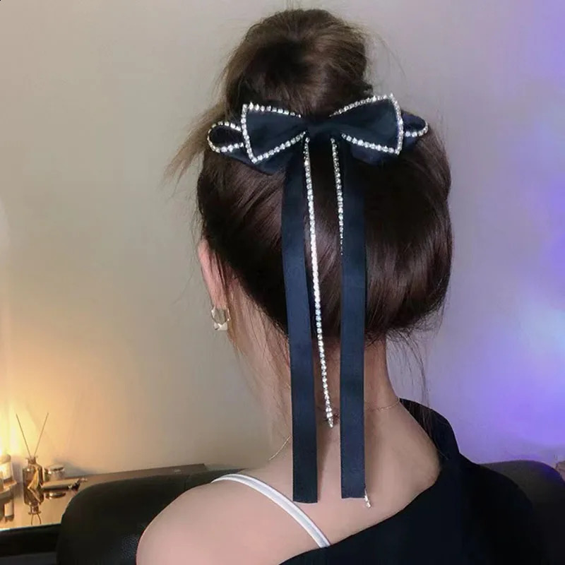 Elegant Rhinestones Big Bow Hairpins For Girl Ribbon Long Tassel Rhinestone Headband Hair Clips Accessories HAIR CLIP FOR GIRL 250807
