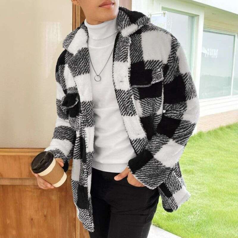 Men's Clothing Fashion Color Matching Plaid Lapel Three Dimensional Pocket Mid Length Jacket